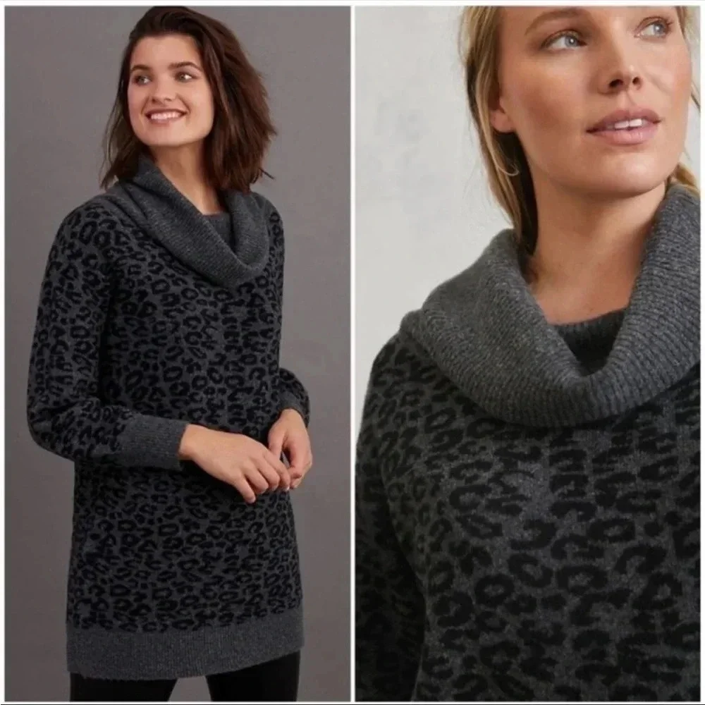 Anthropologie Emmy Cowl Neck Sweater Long Sleeve Cheetah Gray Black Cozy Size S